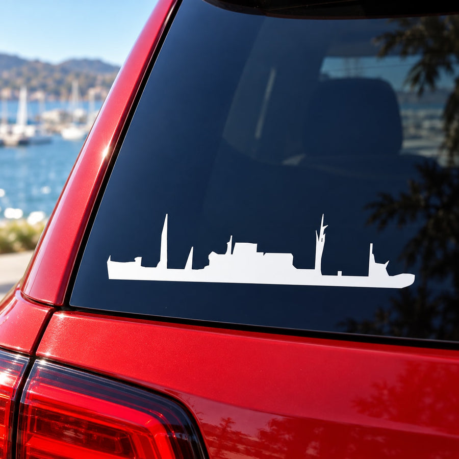 Transport ship silhouette decal on car window, dark navy