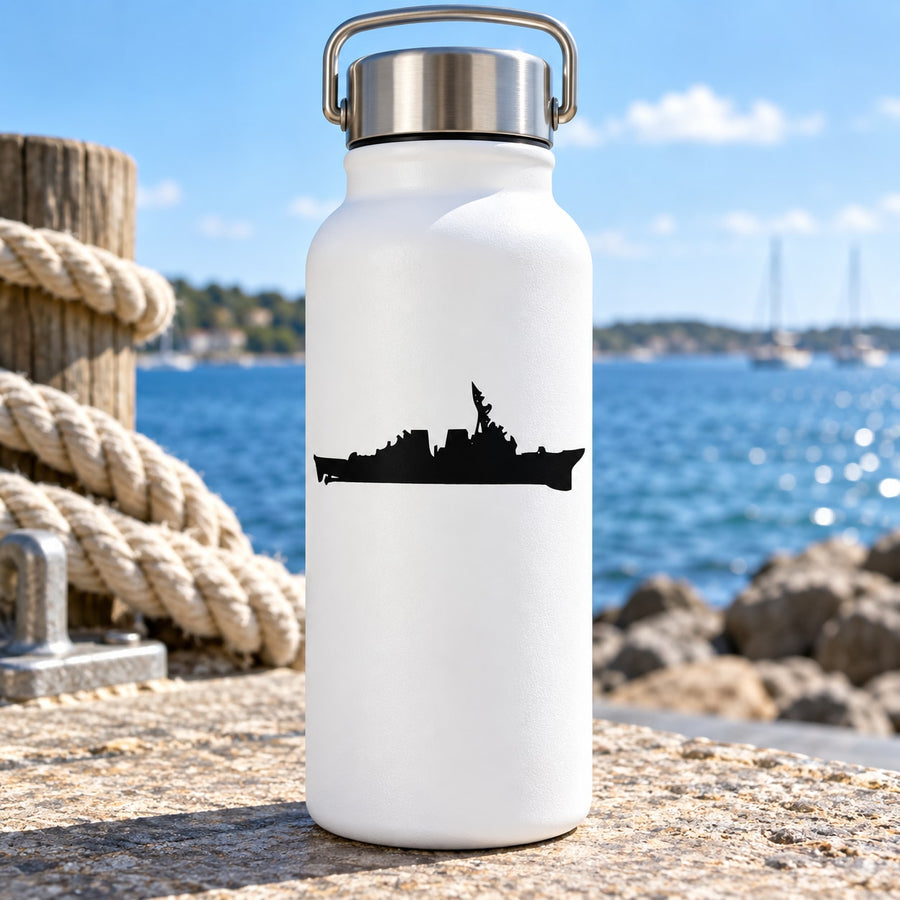 Ship silhouette vinyl decal for USS Bunker Hill theme, black design on light surface