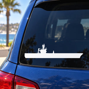 White USS aircraft carrier ship silhouette decal on car window