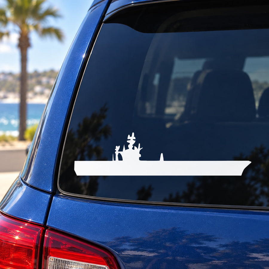 White USS aircraft carrier ship silhouette decal on car window