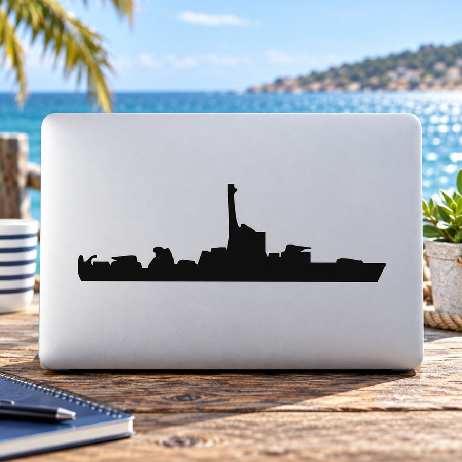 Large landing craft support ship decal with black silhouette on light background