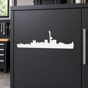 White ship silhouette decal with flag, minimalist vinyl design