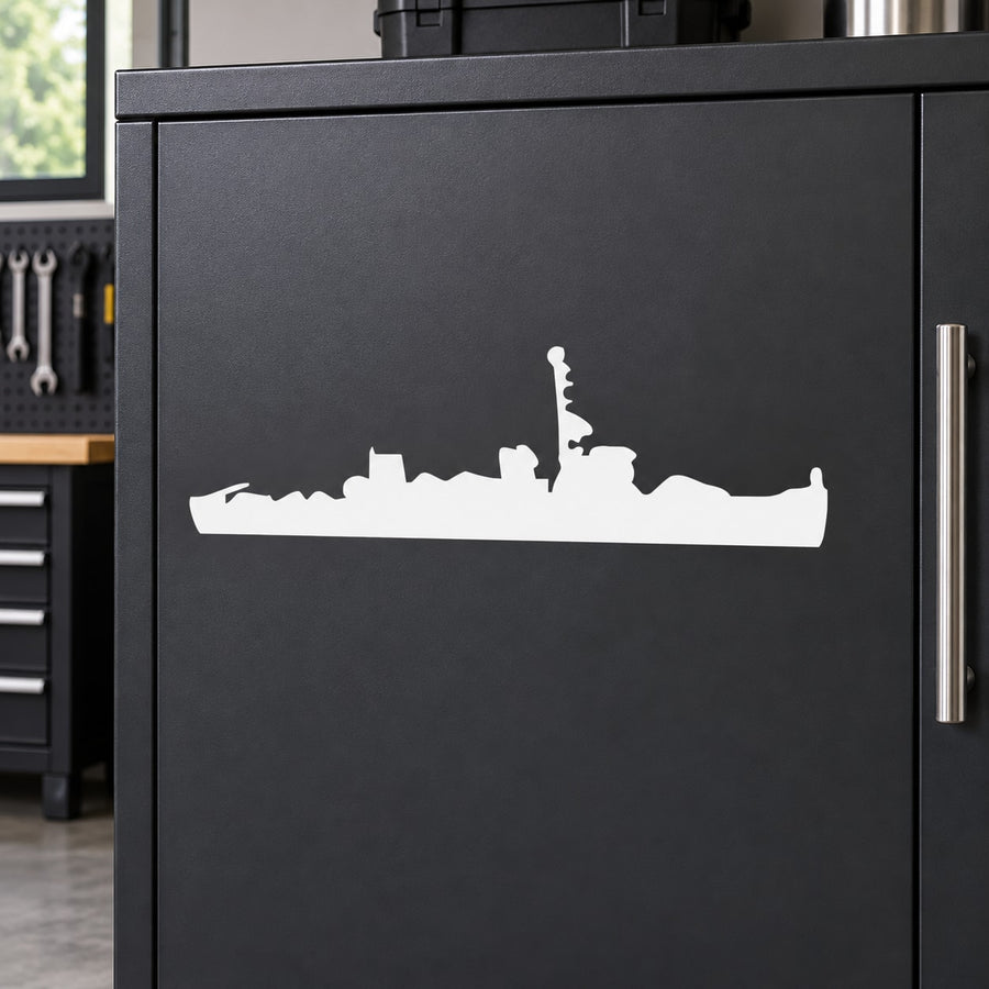 White ship silhouette decal with flag, minimalist vinyl design