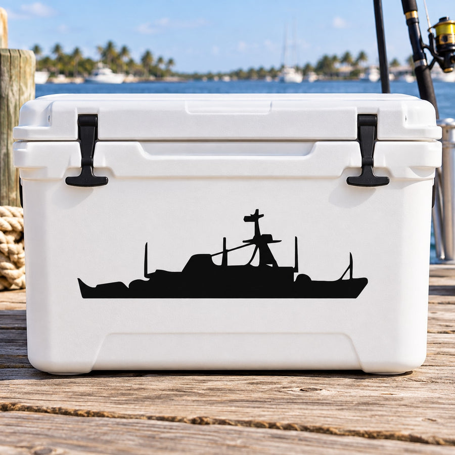 Mine countermeasure ship decal, black silhouette on white cooler lid