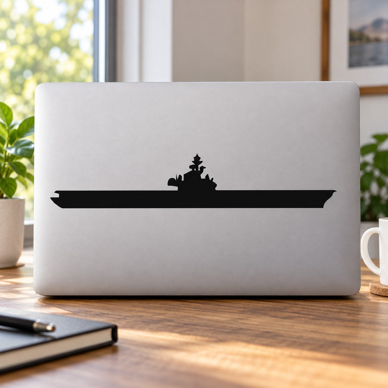 Gray laptop lid with black aircraft carrier silhouette decal