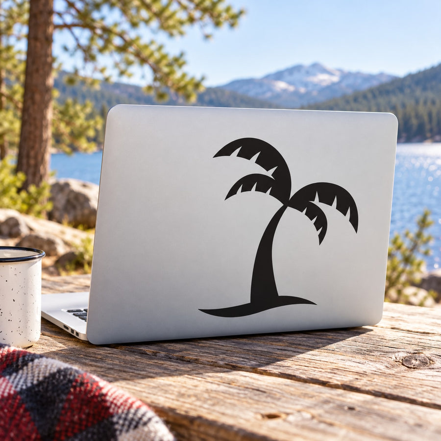 Palm tree in sand decal sticker, black silhouette on light background