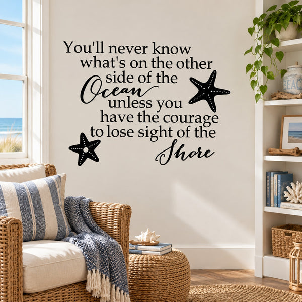 Ocean wall decal with quote script and two starfish icons