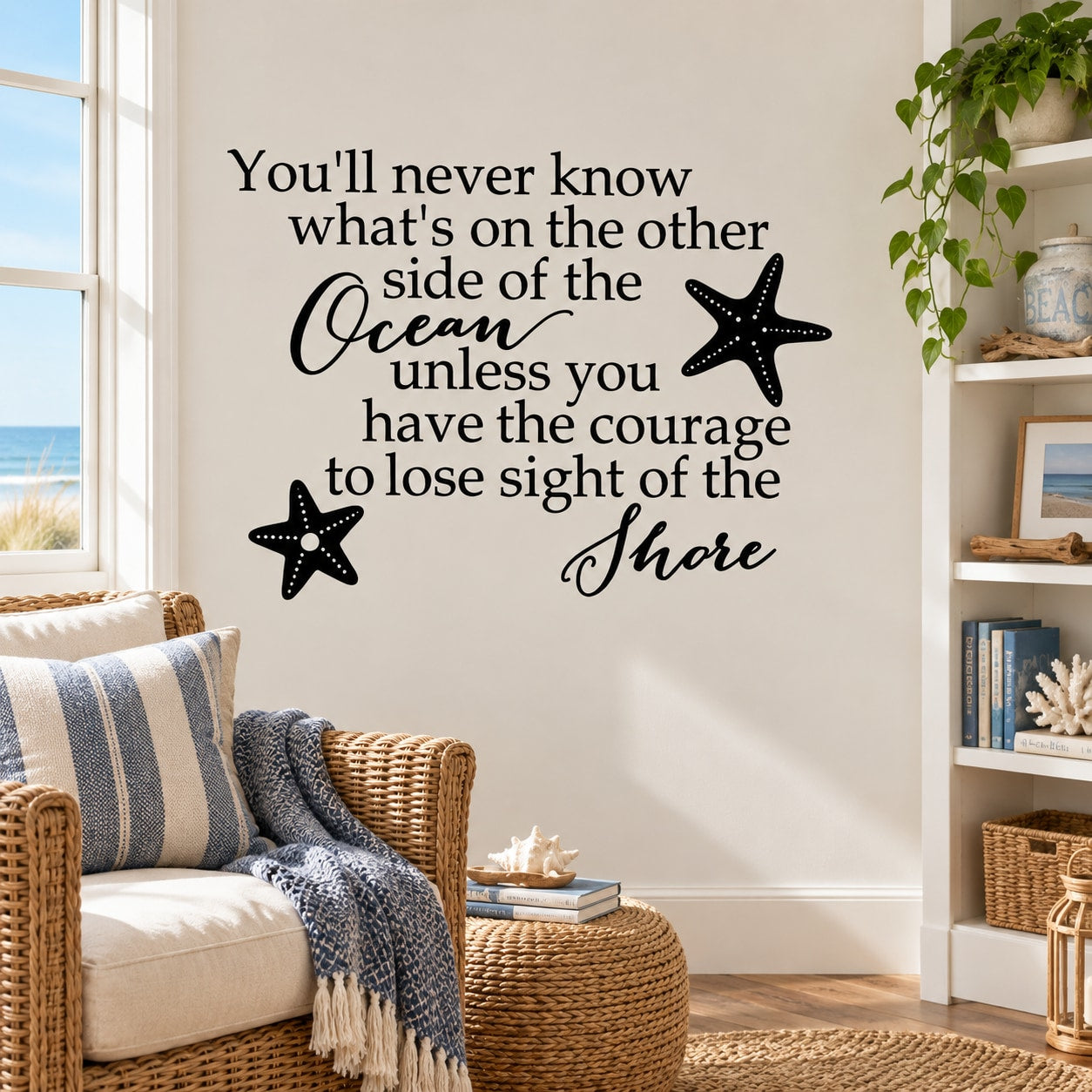 Ocean wall decal with quote script and two starfish icons