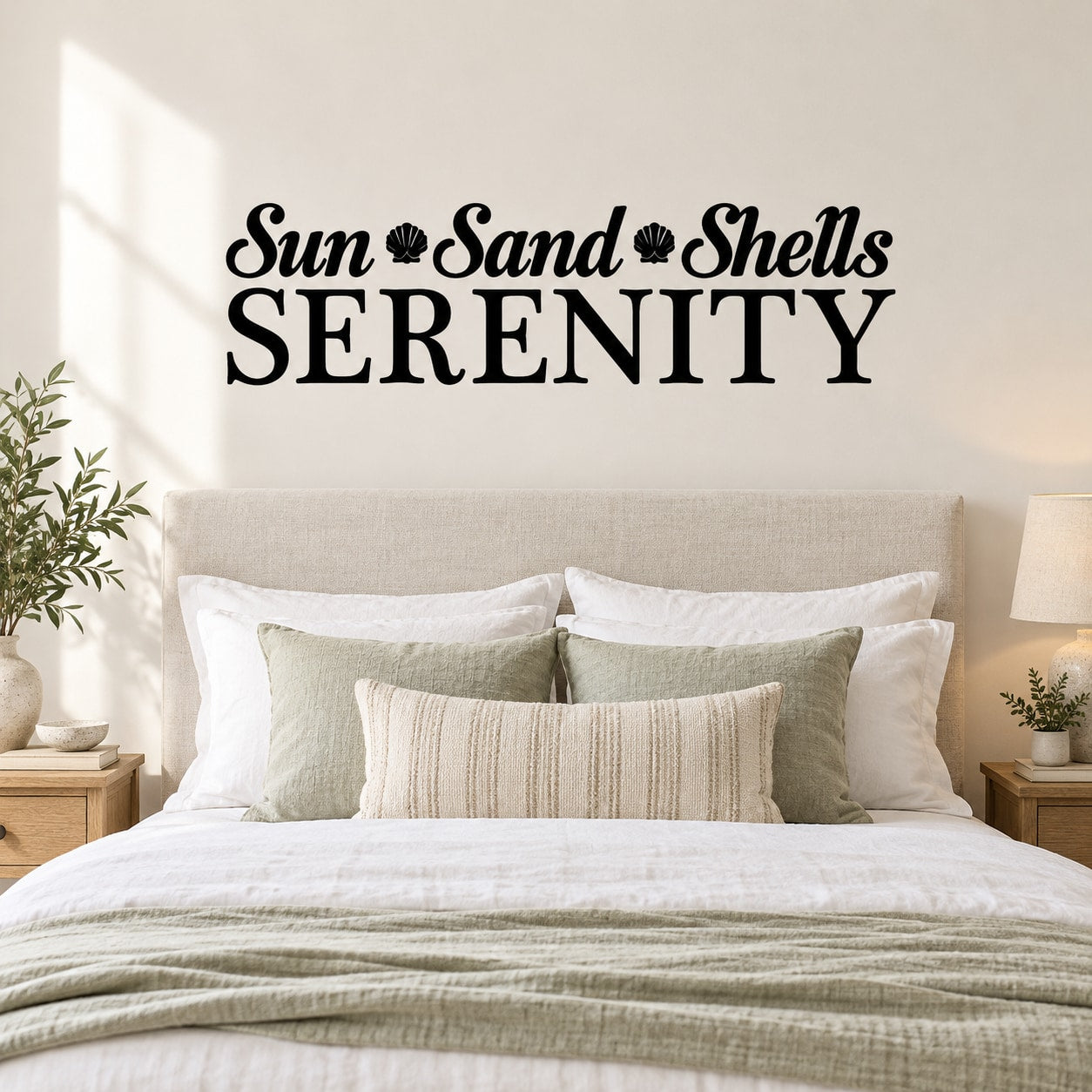 Wall decal reading 'Sun Sand Shells Serenity' with shell and sun icons