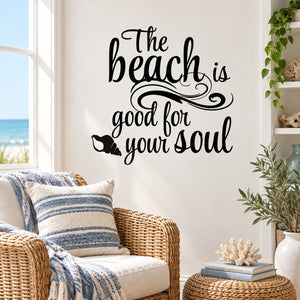 “The beach is good for your soul” black wall decal text with small beach icon