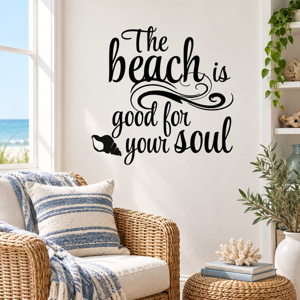 “The beach is good for your soul” black wall decal text with small beach icon
