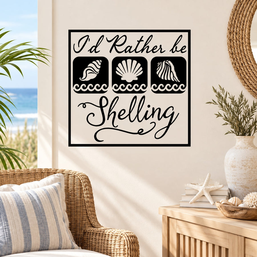 Id Rather Be Shelling decal with black frame, shell icons, and 'Shelling' text