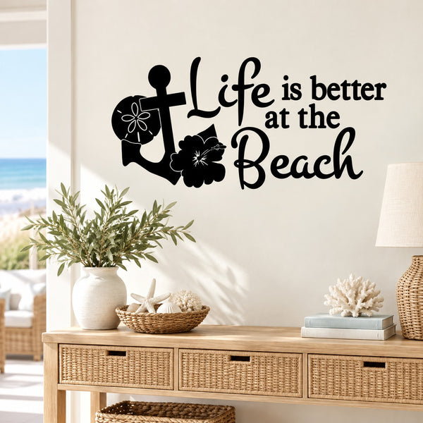 Beach wall decal with “Life is better at the Beach” text and seashell figure