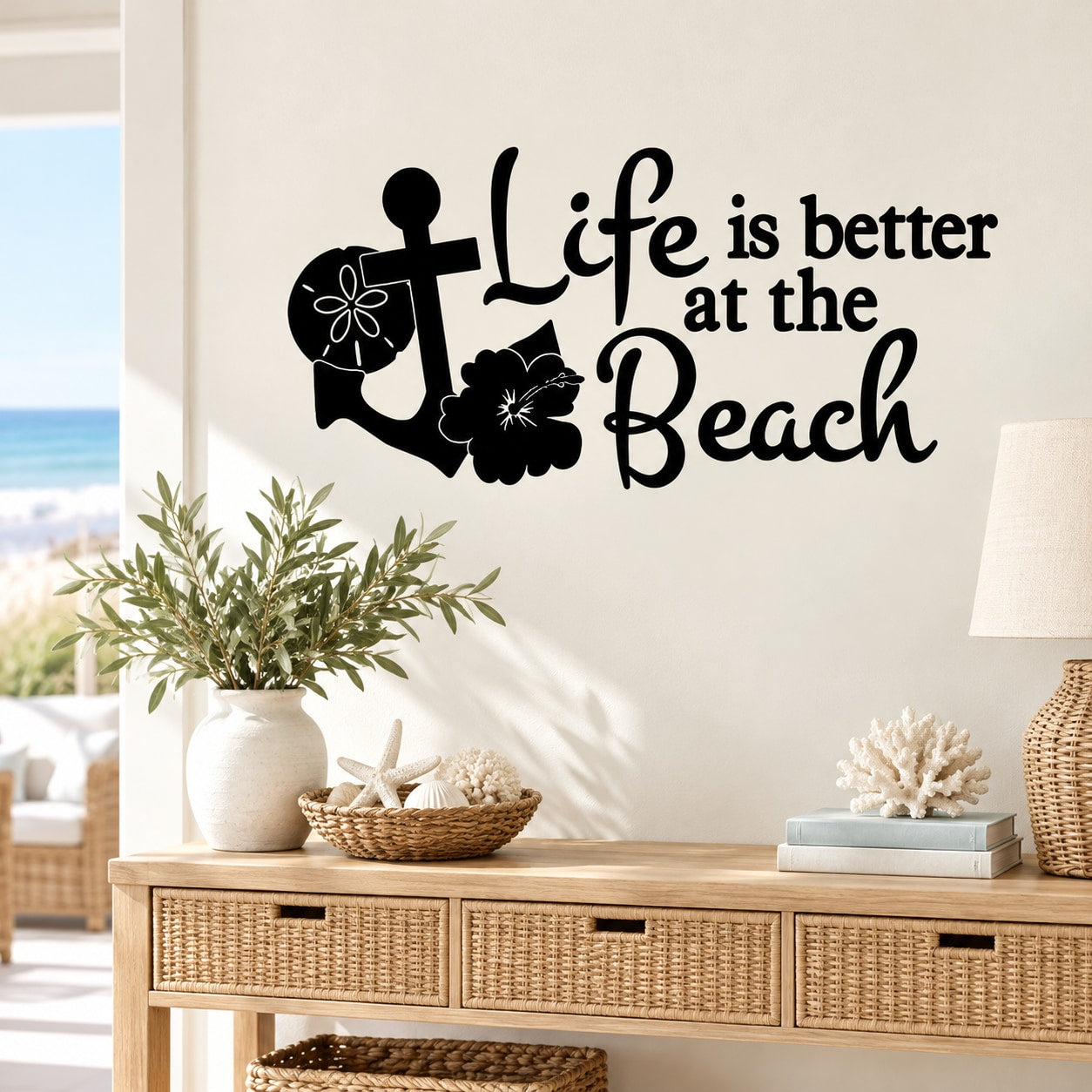Beach wall decal with “Life is better at the Beach” text and seashell figure
