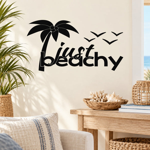Beach wall decal reading "Just Beachy" with black palm tree and flying birds