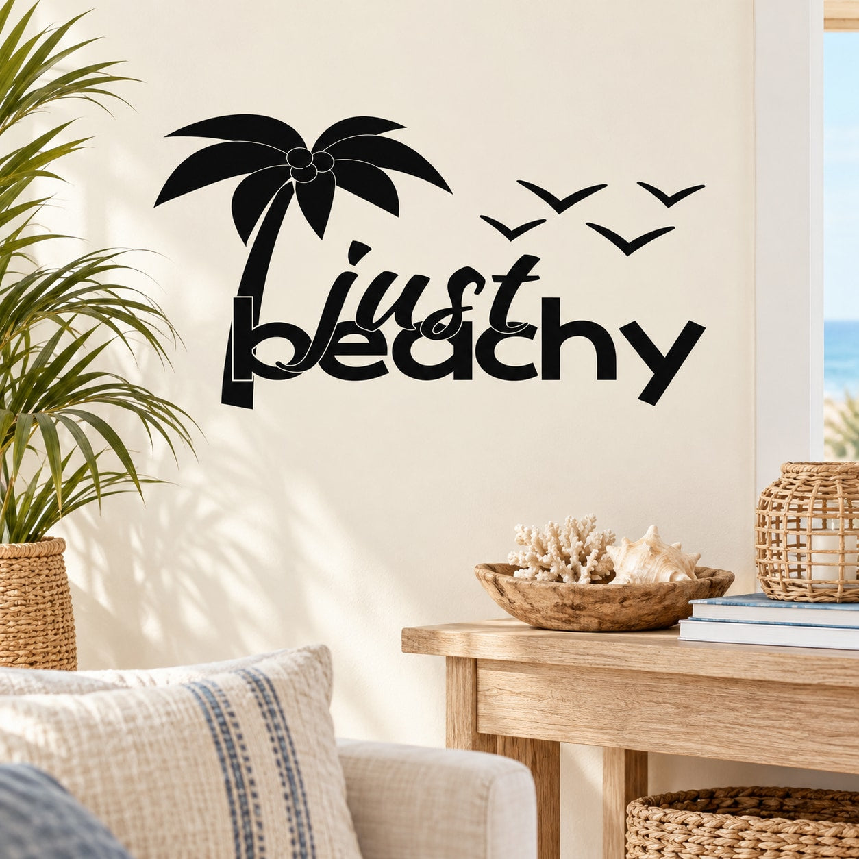 Beach wall decal reading "Just Beachy" with black palm tree and flying birds