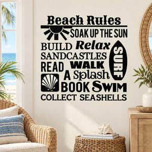Beach rules word collage wall decal with sun, shell, and vertical surfboard icon