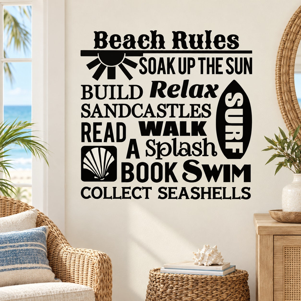 Beach rules word collage wall decal with sun, shell, and vertical surfboard icon