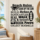 Beach rules word collage wall decal with sun, shell, and vertical surfboard icon