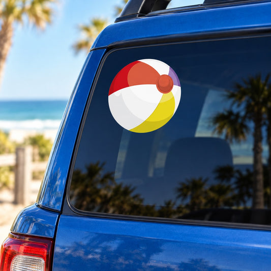 Circular beach ball graphic sticker with red, white, and yellow panels