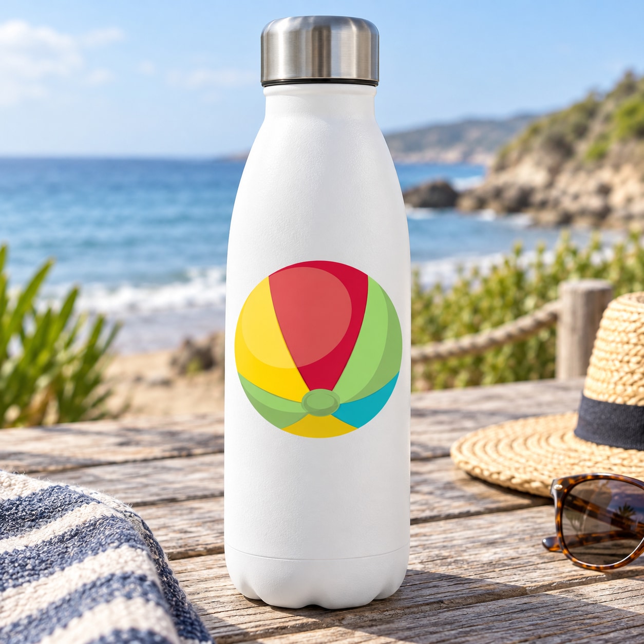Colorful beach ball sticker with red, yellow, green panels on white surface