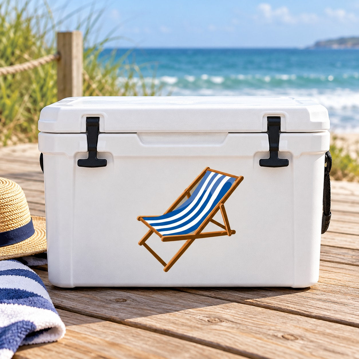 Beach chair sticker with blue-and-white striped fabric and wooden frame