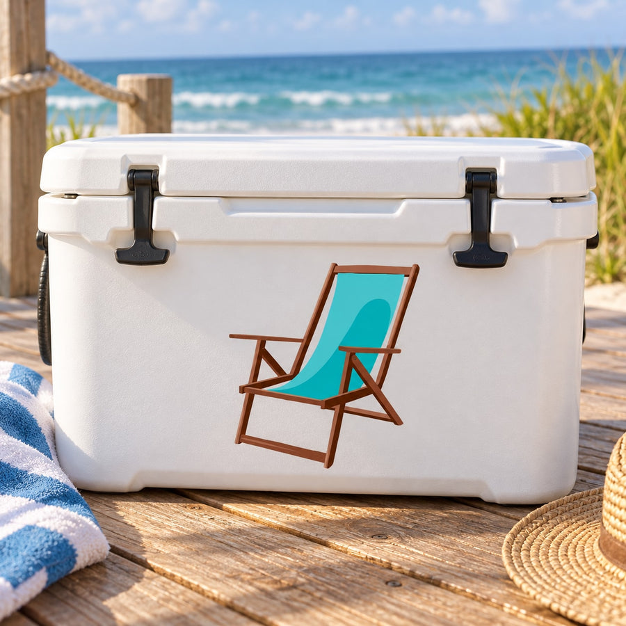 Wooden beach chair sticker with teal-cushion chair on white cooler lid