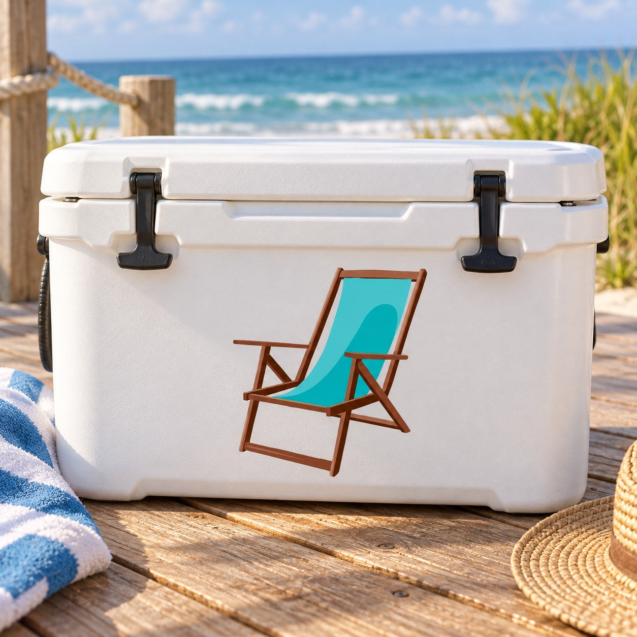 Wooden beach chair sticker with teal-cushion chair on white cooler lid