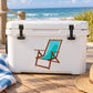 Wooden beach chair sticker with teal-cushion chair on white cooler lid