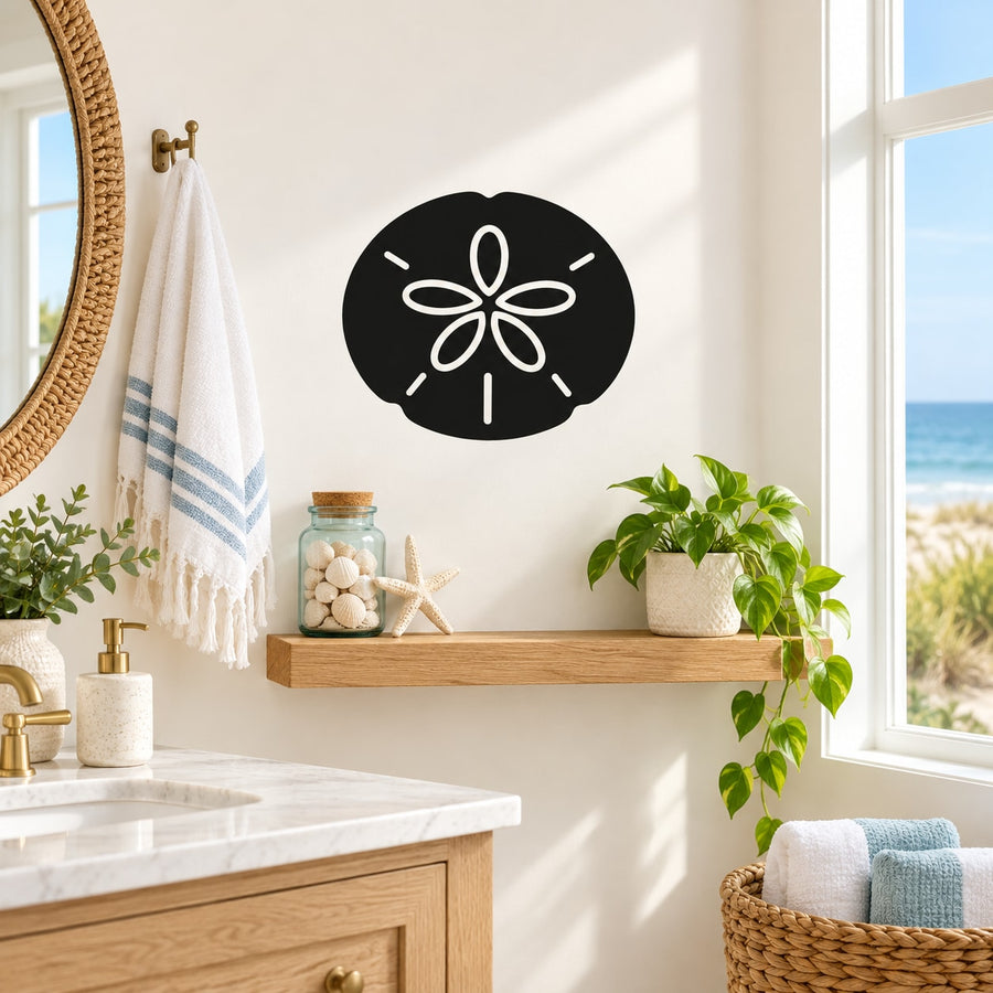Sand dollar wall decal with black circle and white line-art shell design