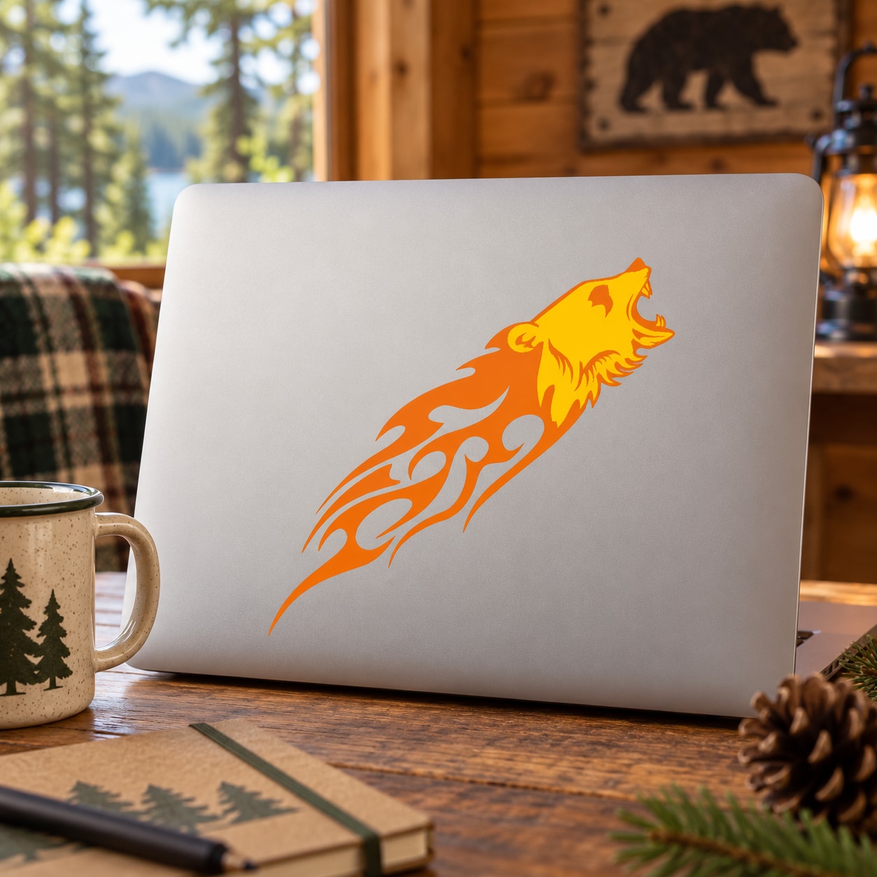 Orange flaming bear sticker decal on light background