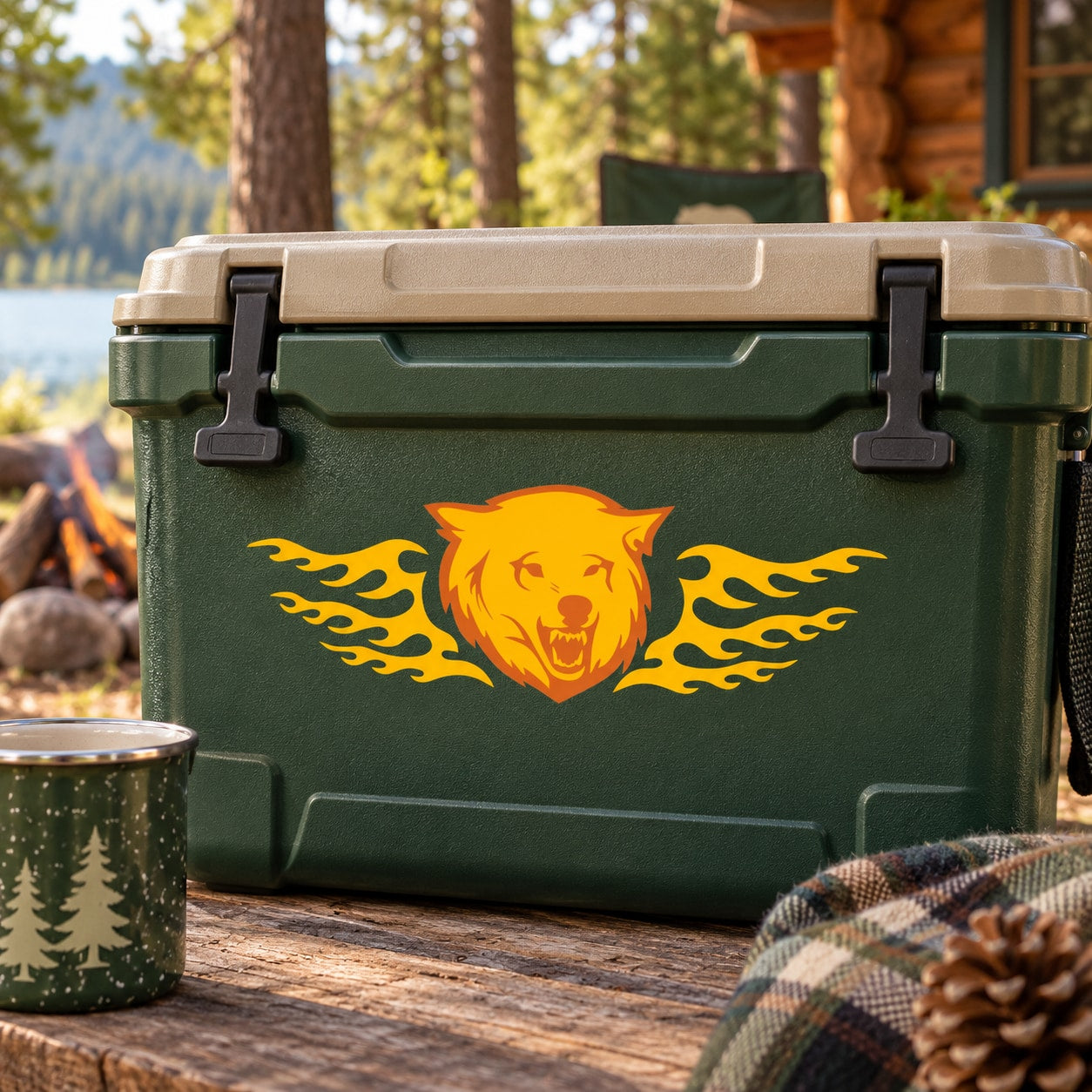 Green cooler with snarling flame wolf decal, orange wolf head and yellow flames.