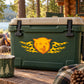 Green cooler with snarling flame wolf decal, orange wolf head and yellow flames.