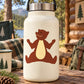 Happy bear sticker with brown cartoon bear holding arms up on cream background