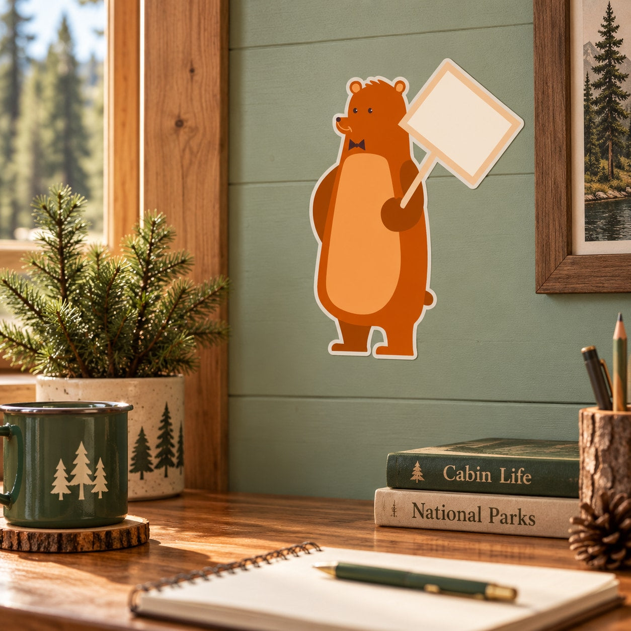 Bear with sign sticker, orange cartoon bear holding a blank sign