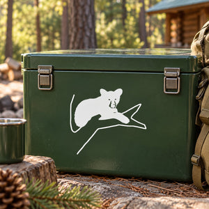 White bear cub in tree decal sticker on a dark green box