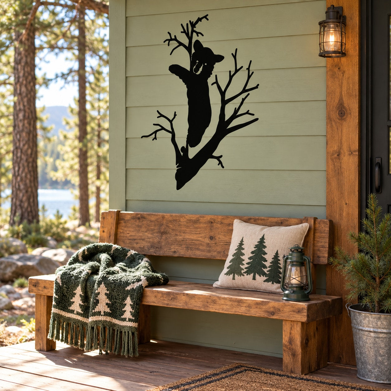 Black bear cub hugging tree wall decal silhouette
