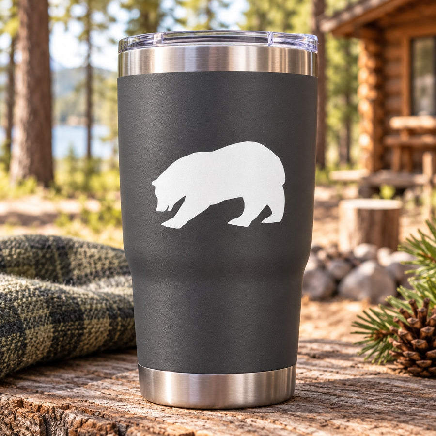 Dark tumbler with white bear decal silhouette