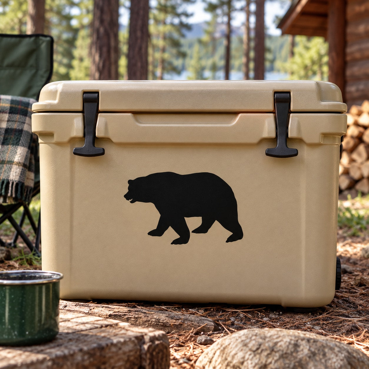 Black bear silhouette decal on light tan cooler lid