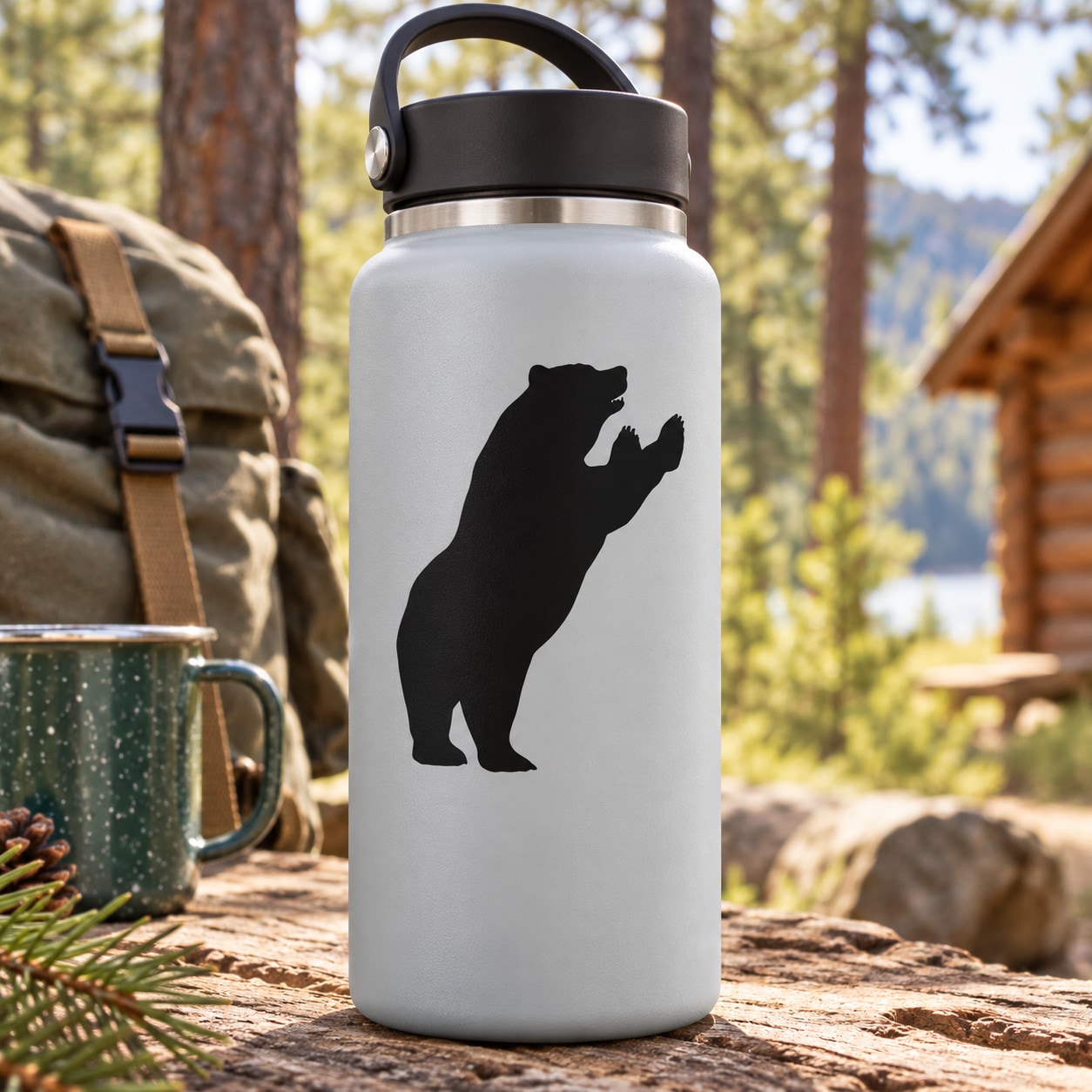 Bear silhouette decal on a white water bottle