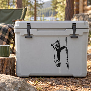 White cooler with black bear cub embracing tree decal illustration