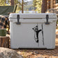 White cooler with black bear cub embracing tree decal illustration