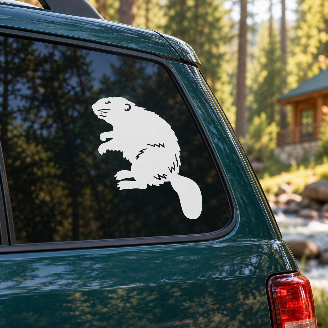 Nature beaver decal with white beaver silhouette on car window