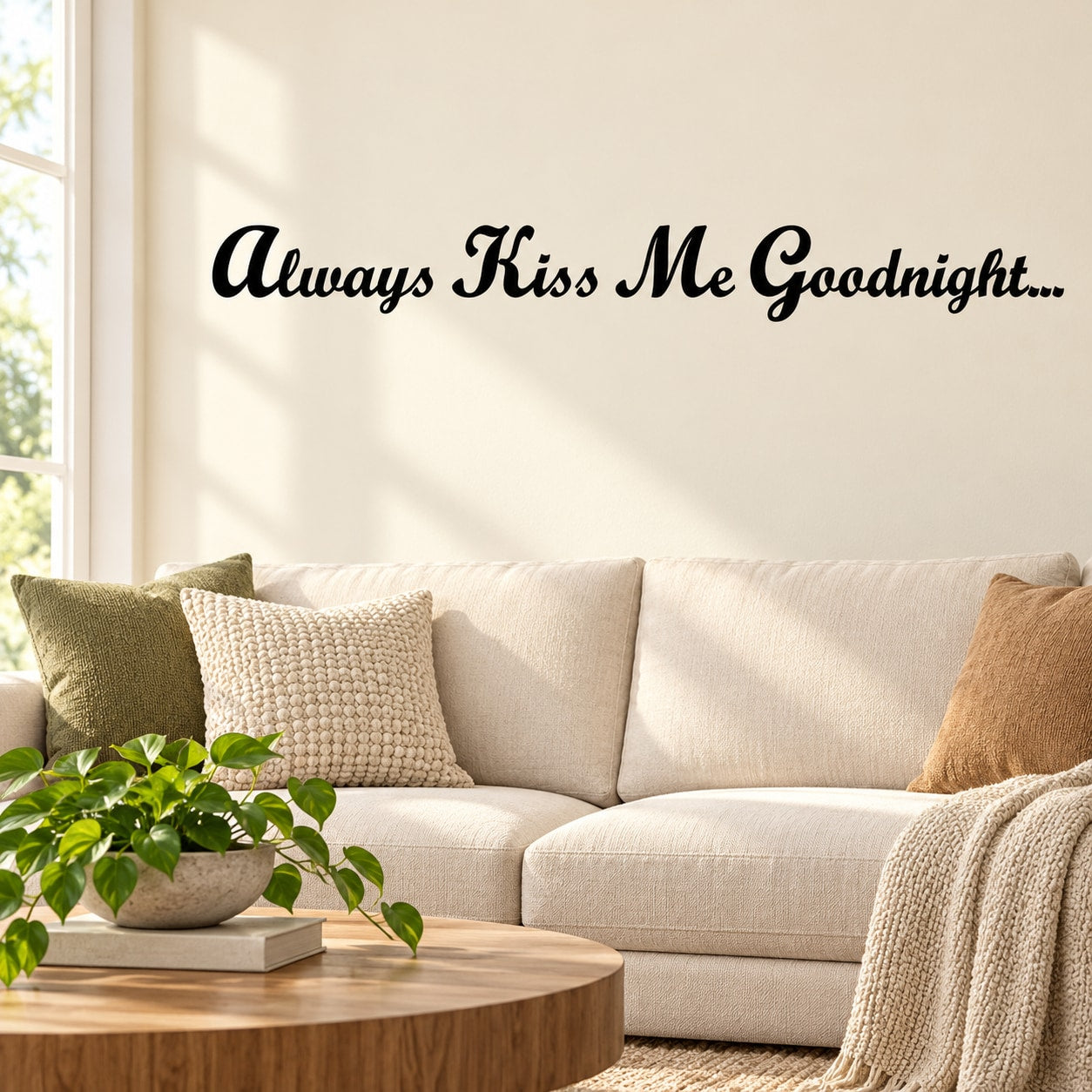 Wall decal: 'Always Kiss Me Goodnight...' in black cursive