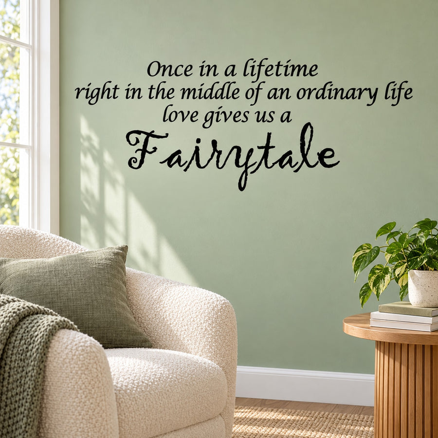 Fairytale wall decal with black cursive quote lettering.