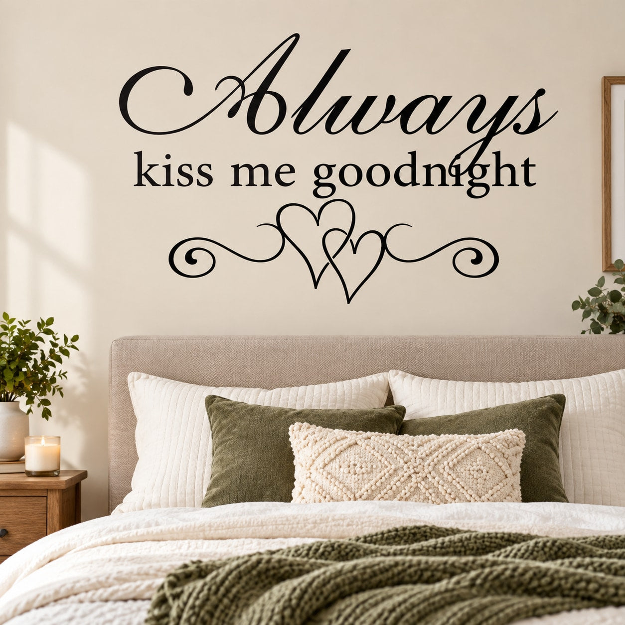 Black cursive wall decal 'Always kiss me goodnight' with heart