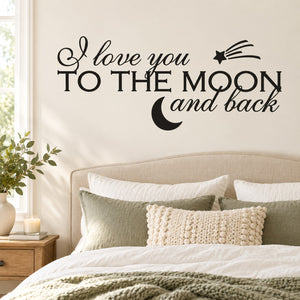 Black wall decal with 'I love you to the moon and back' lettering, moon and stars