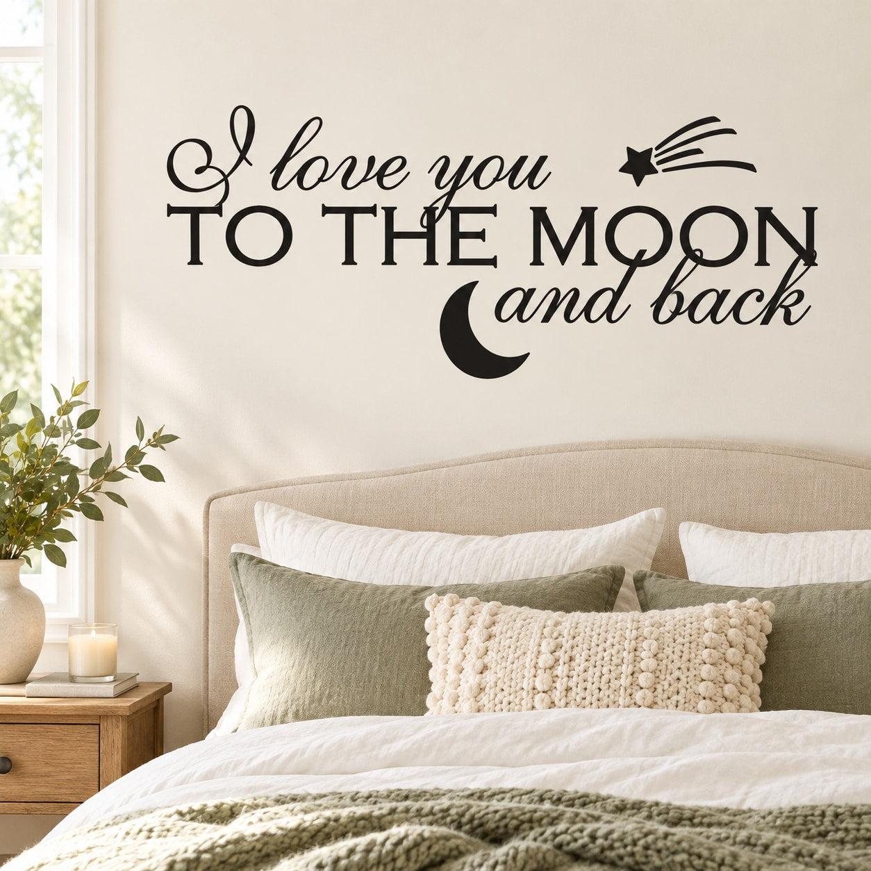 Black wall decal with 'I love you to the moon and back' lettering, moon and stars