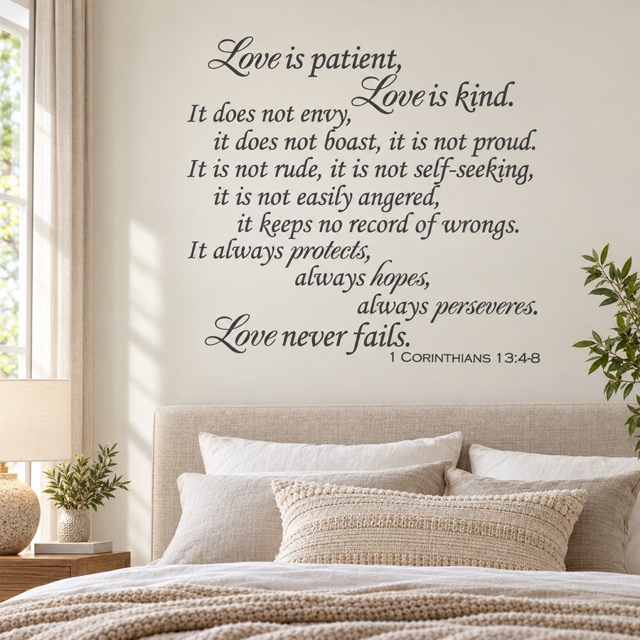 Love Is Patient Love is Kind Wall Decal — illustrative vinyl decal application mockup. Surrounding objects are not included.