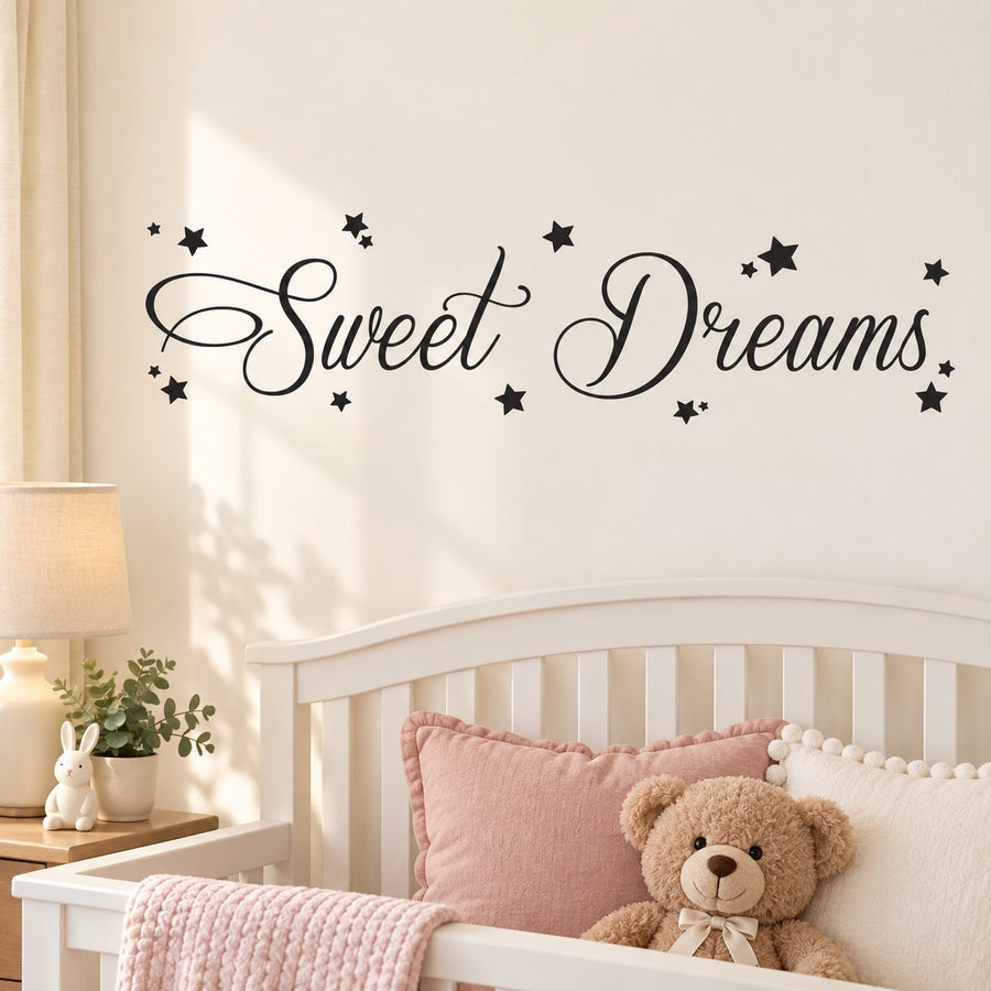 Sweet Dreams wall decal with cursive lettering and small star accents